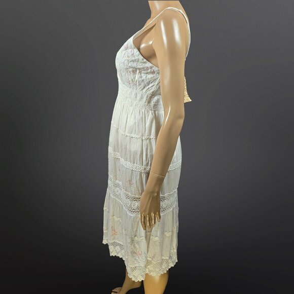 Y2k White Cotton Midi peasant dress Size XL Embroidered Crochet Lace Fairy Boho - Picture 8 of 13